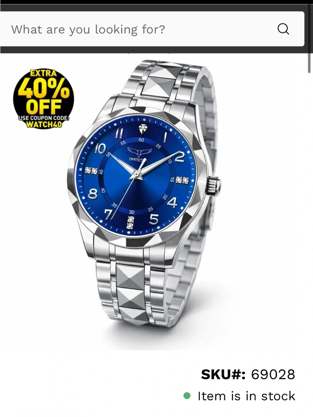 Invicta Silver Wristwatch with Blue Sunburst Dial